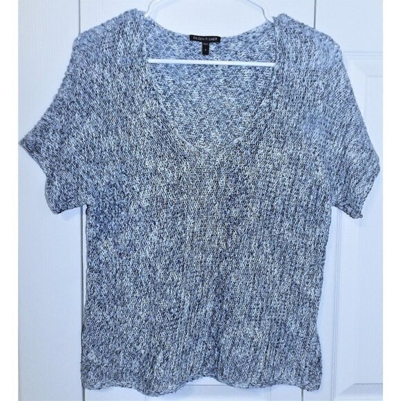 Eileen Fisher S Blue Tweed Knit Short Sleeve Scoop Neck Cropped Sweater - Picture 1 of 6
